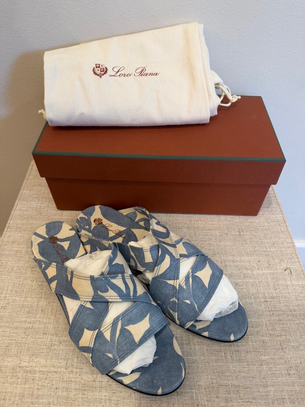 Loro Piana Linen Cross Strap Slide Sandals 38 Worn Once w/ Box & Dust Bag